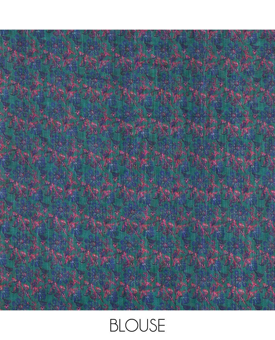 Borderless blue big circle shibori printed linen cotton saree, contrast sanganeri floral block printed pallu, and a contrast printed blouse