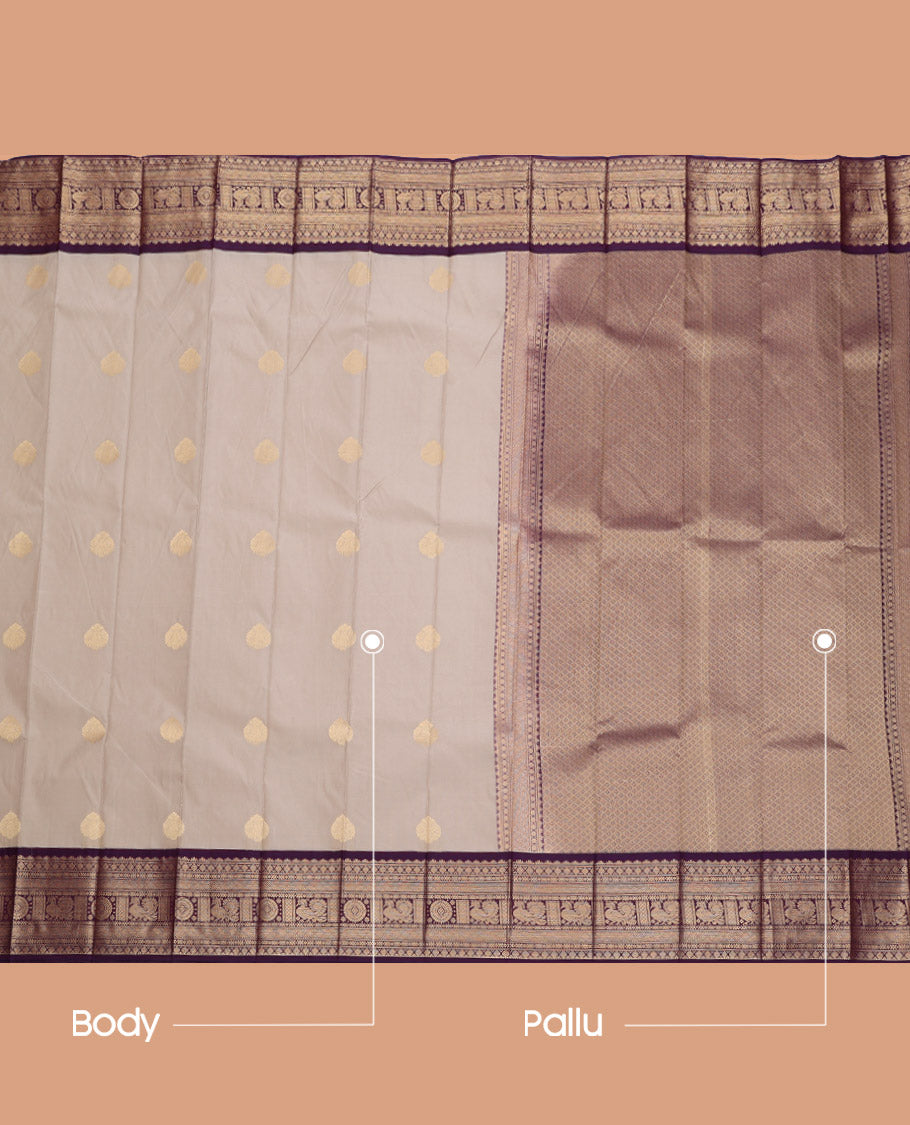 Grey Budget Silk Saree, Sparsely Sparkled with Zari Buttas, Complemented by a Contrast Traditional Zari Border, Grand Pallu, and Contrast Blouse