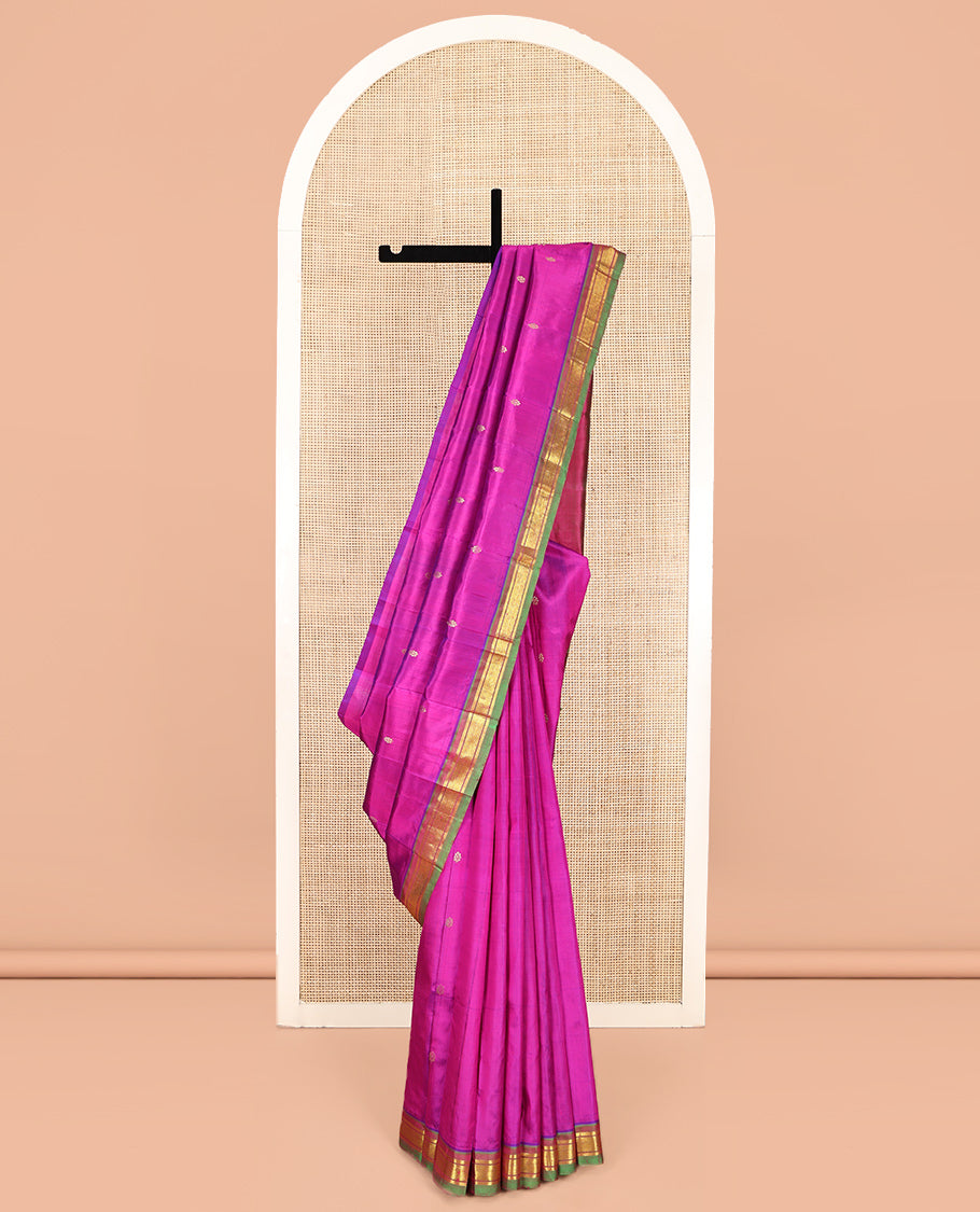 Rani Pink Kanchipuram Silk Saree, Woven with Zari Buttas, Complemented by a Contrast One-Sided Border of Banaras and Jaal Designs, Grand Pallu, and No Blouse