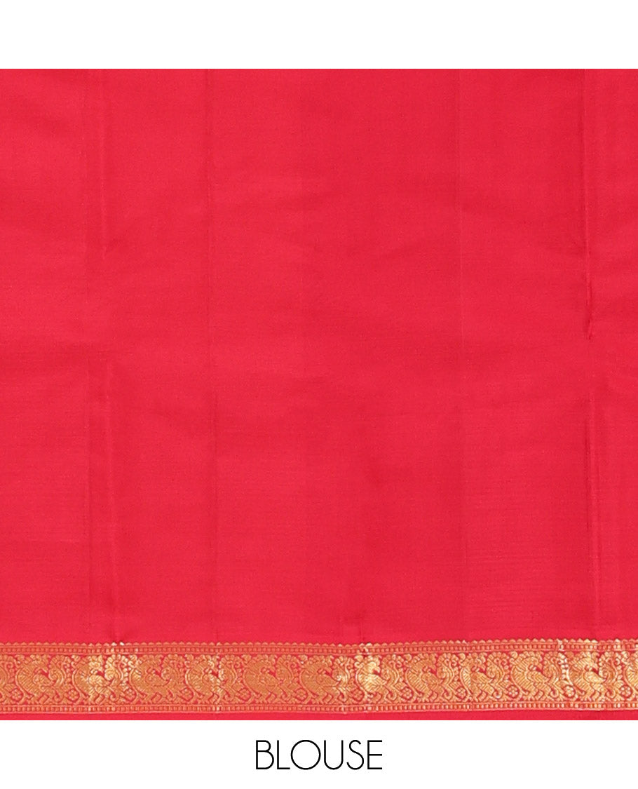 Orange Vazhaipoo Striped Kanchipuram Silk Saree, Complemented by a Contrast Border Featuring Rekku, Muthu, and Mayil Designs, Sparsely Zari Woven Pallu, and Paired with a Contrast Blouse