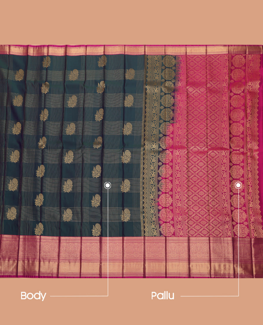 Green Budget Silk Saree, Subtly Sparkled With Zari Butta Enclosed Checks On Its Body, Complemented by Contrast Traditional Zari Designs Woven Border, Grand Pallu and Paired with a Contrast Blouse