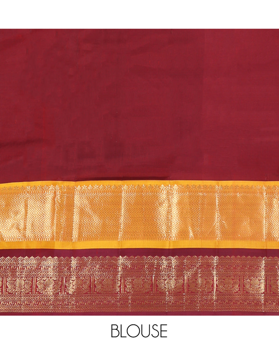 White Plain Vasundhara Silk Saree, Complemented by a Contrast Border of Muthu, Vanki, Rekku, Neli, Greek Key, and Iruthalai Pakshi Designs, Grand Jaal Pallu, and Paired with a Contrast Blouse