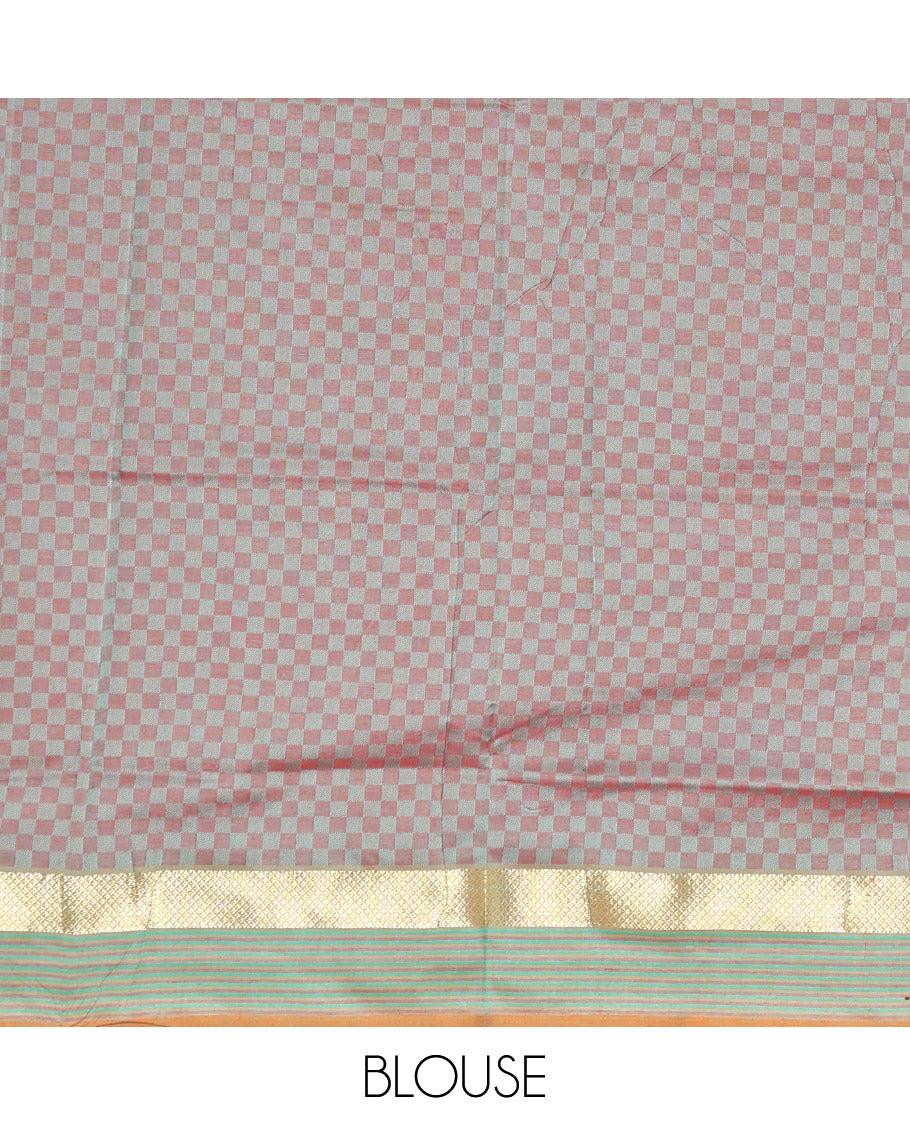 Red Poly Cotton Saree, Sparsely Sparkled with Checks, Complemented by a Contrast Traditional Zari Border, Contrast Striped Pallu, and Paired with a Contrast Blouse