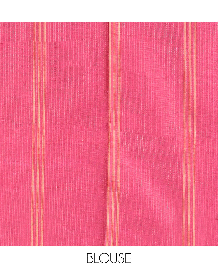 Borderless Blue Macro-Checked Katan Silk Saree, a Subtly Striped Pallu, and a Contrast Blouse