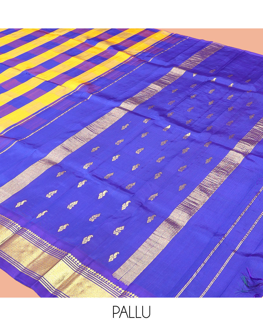 Multi-Color Checked Kanchipuram Silk Saree, a One-Sided Zari Border of Paneer Sombu, Banaras, Muthu, and Mayil Kann Designs, Zari Design Pallu, and No Blouse