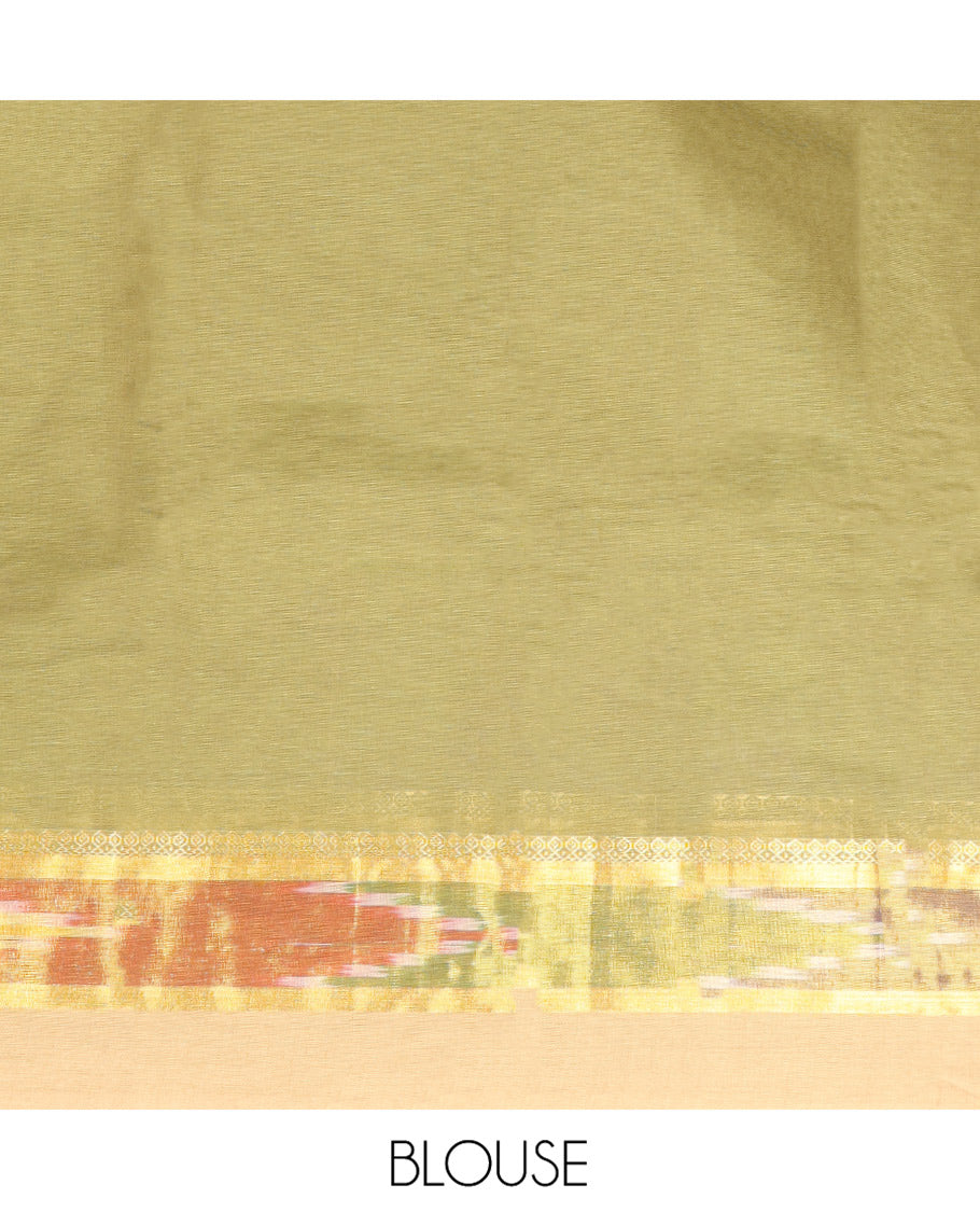 Green Kanchi Cotton Saree, Subtly Threaded with Buttas All Over Its Body, Complemented by Contrast Ikkat Border, Pallu of Paisley Designs, and Paired with a Matching Blouse