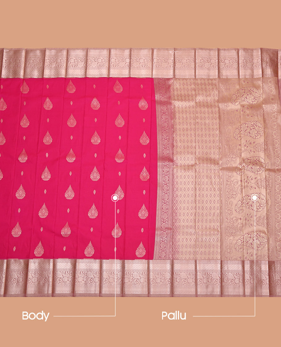Pink Budget Silk Saree, Adorned with Zari Buttas, Complemented by a Contrast Traditional Zari Border, Jaal Pallu, and a Contrast Blouse