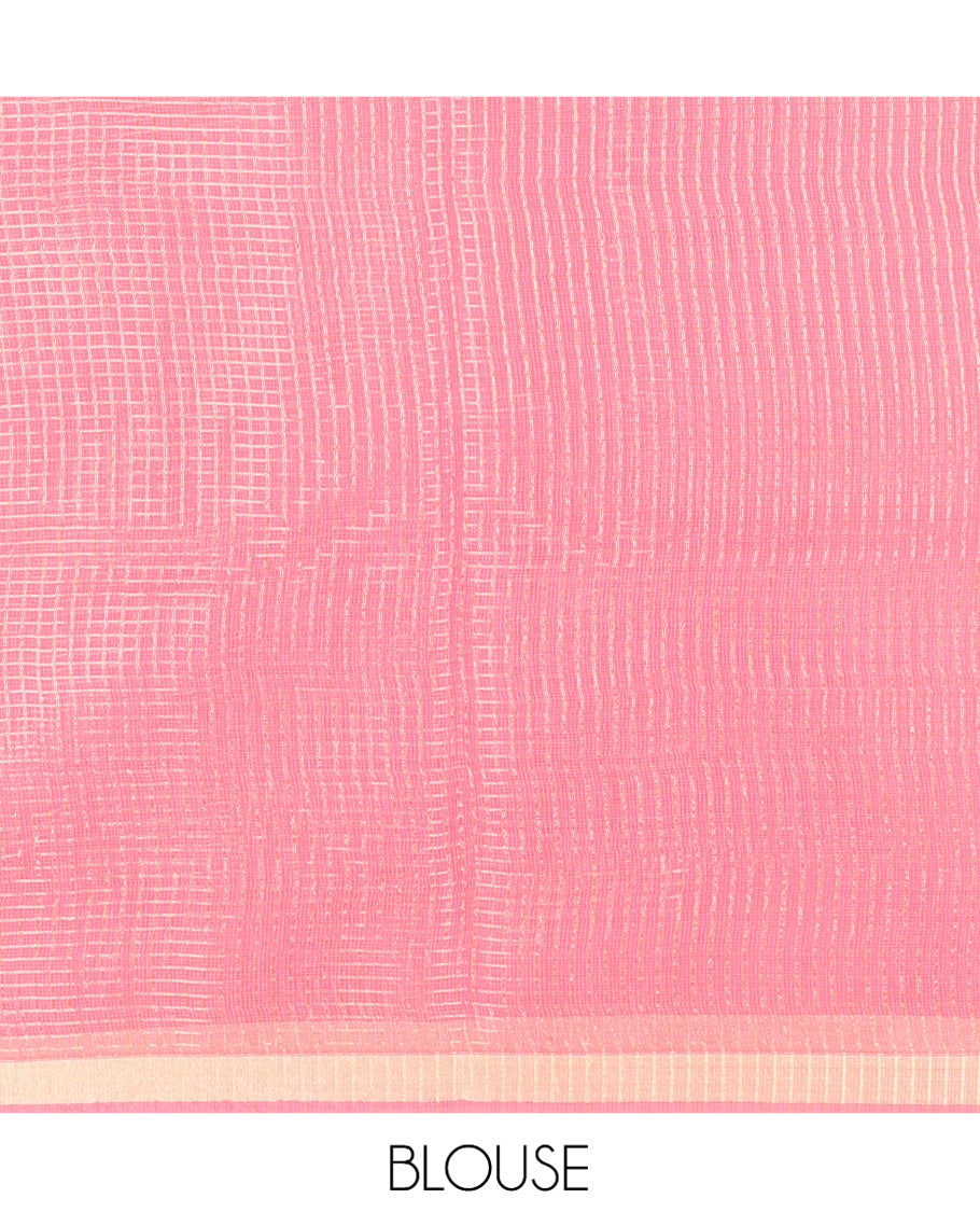Onion Pink Kota Doria Saree, Adorned with Zari Checks and Floral Embroidery, a Piping Border, Matching Blouse