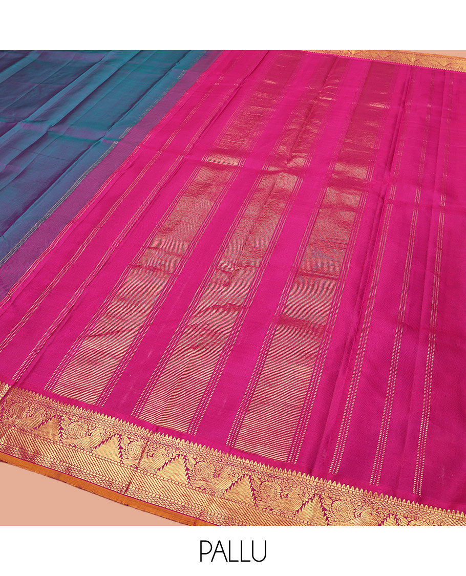 Blue Plain Kanchipuram Silk Saree, Complemented by a Contrast Border of Rekku, Muthu, Mayil Kann, Mayil, Thazampoo Rekku, and Zari Stripes, Pallu of Zari Designs, and Paired with a Contrast Blouse