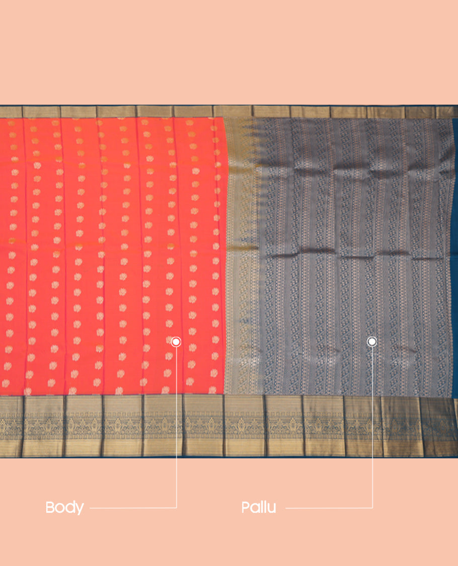 Orange Budget Silk Saree, Adorned with Zari Buttas, Complemented by a Contrast Traditional Zari Border, Grand Pallu, and a Contrast Blouse