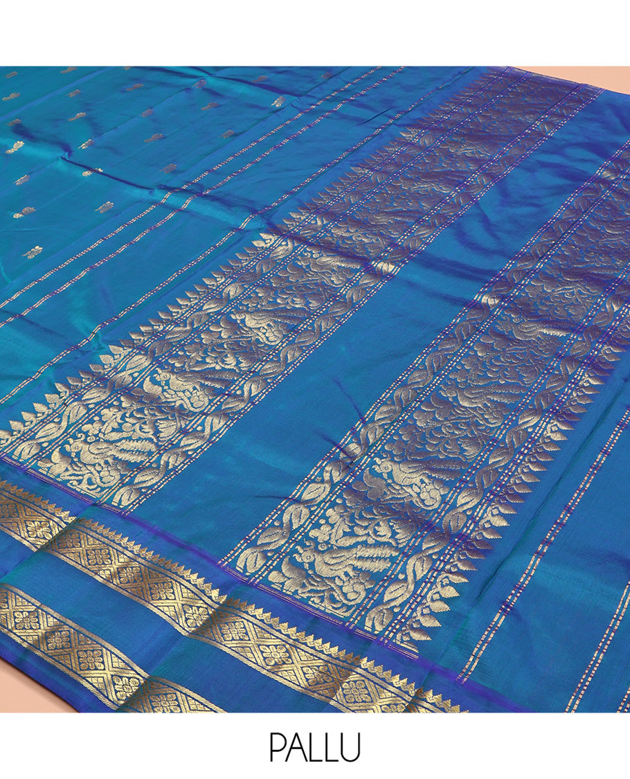 Blue Kanchipuram Silk Saree, Mesmerized with Zari Buttas, One-Sided Rettai Pettu Border of Salngai and Jaal Designs, Zari Design Pallu, and No Blouse