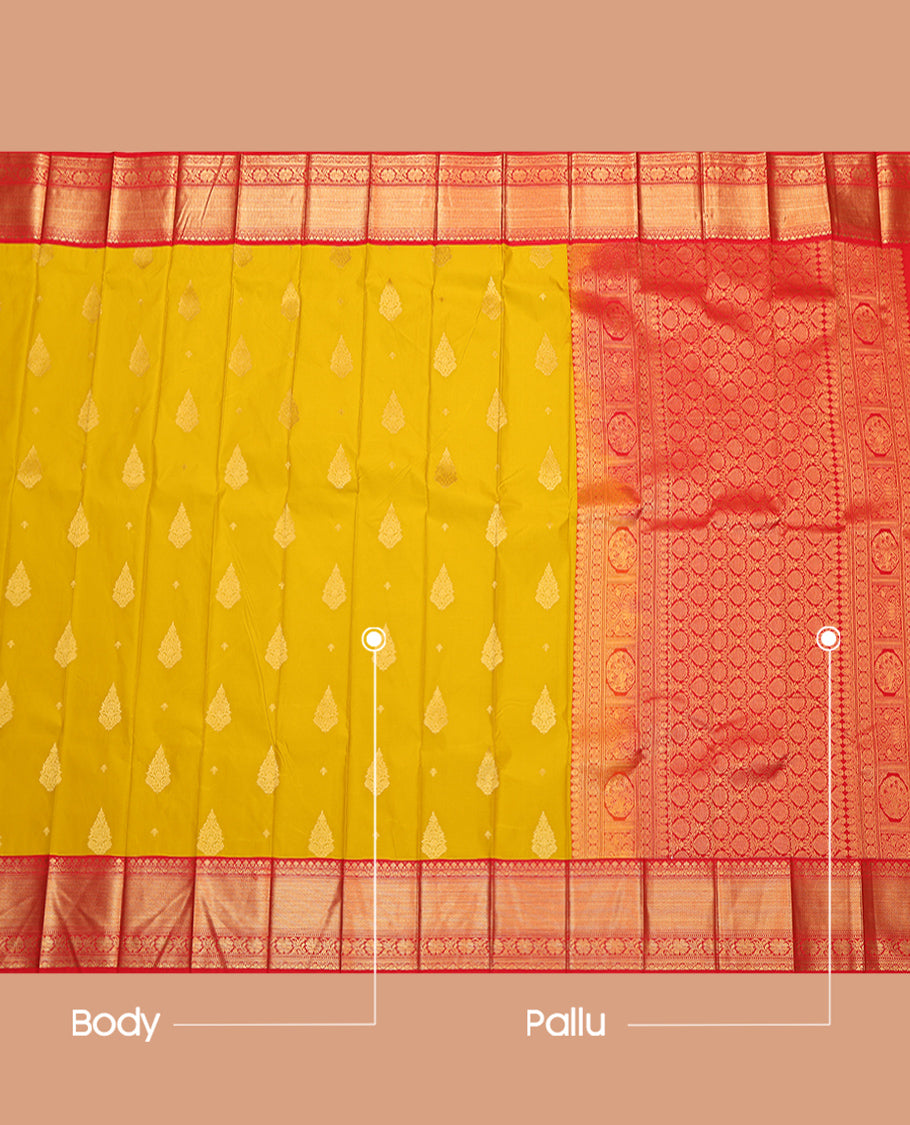 Yellow Budget Silk Saree, Sparsely Woven with Zari Buttas, Complemented by a Contrast Traditional Border, Grand Pallu, and Contrast Blouse