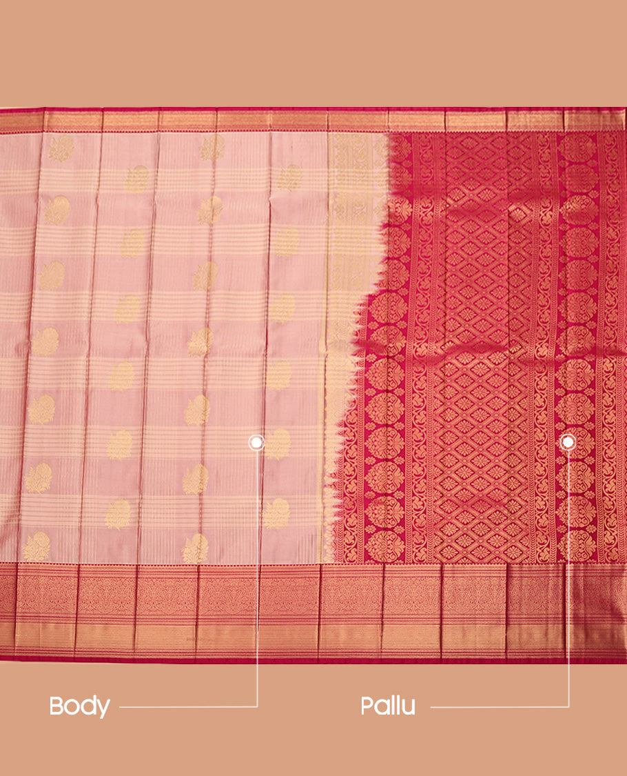Pink Budget Silk Saree, Spotlighted with Zari Butta Enclosed Checks All Over Its Body, Complemented by a Contrast Traditional Zari Design Border, Grand Jaal Pallu, and Paired with a Contrast Blouse