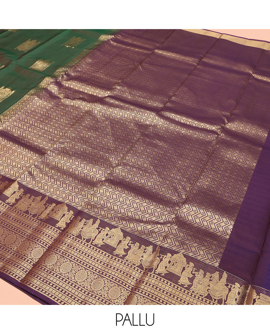 Green Vasundhara Lite Silk Mix Saree, Prettified with Zari Buttas on Its Body, Complemented by a Contrast Wedding-Themed Motifs Woven Border of Geometric Designs, Opulently Embellished Pallu, and Paired with a Contrast Blouse