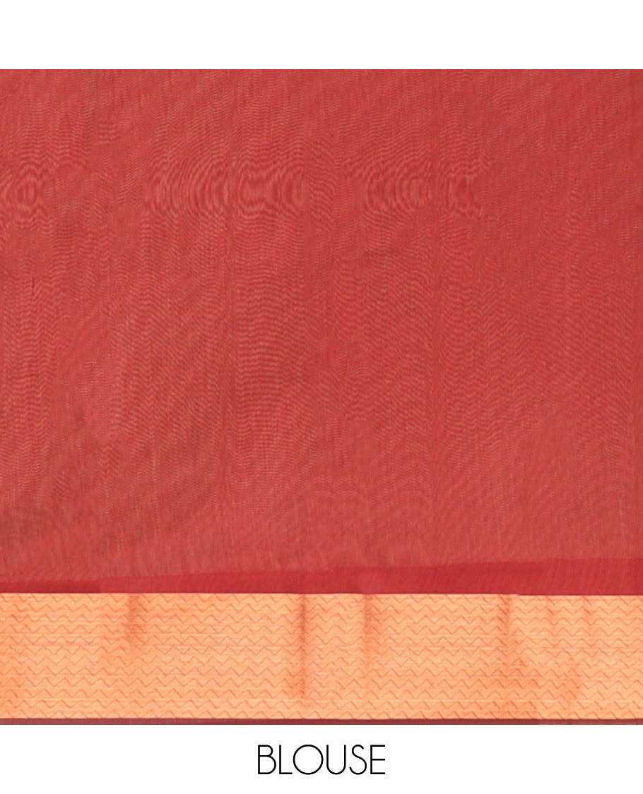 Green Semi-Silk Cotton Saree, Crafted with Zari Buttas All Over Its Body, Highlighted by a Self-Border of Traditional Zari Designs, Pallu Steeped with Paisley Designs, and Paired with a Contrast Blouse