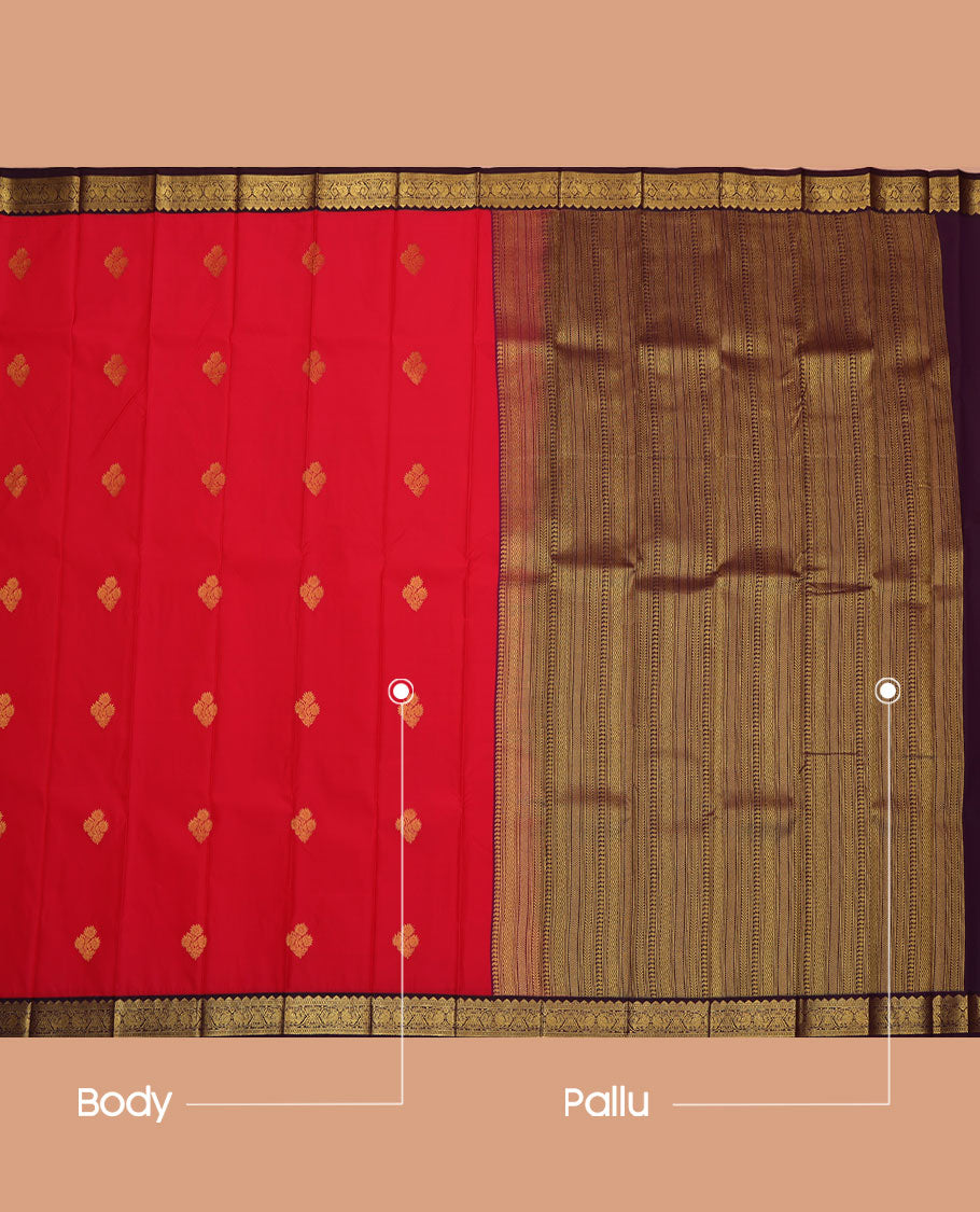 Red Budget Silk Saree, Prettified with Zari Buttas All Over Its Body, Complemented by a Contrast Traditional Zari Design Border of Peacocks, Pallu Features Geometric Designs, and Paired with a Contrast Blouse