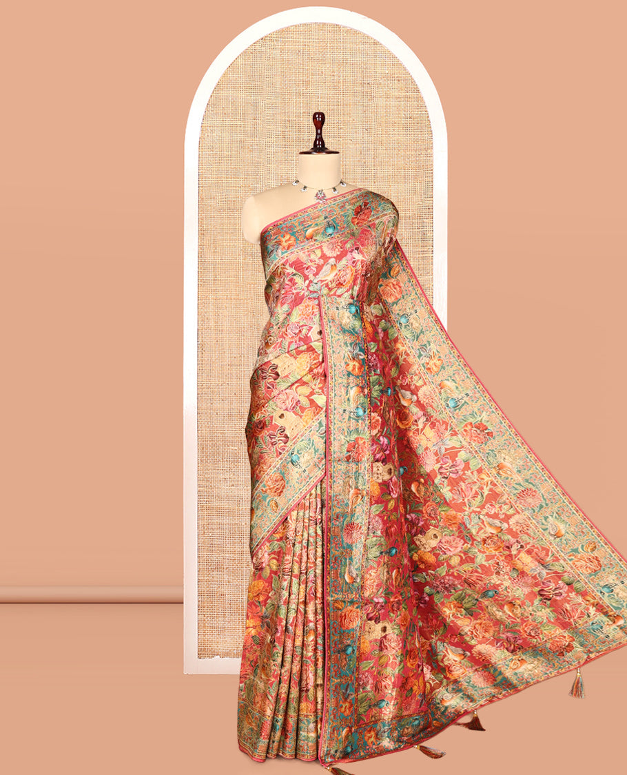 Pink Tropical Floral Russian Dola Tissue Saree, Floral-Bird Border, and a Matching Blouse