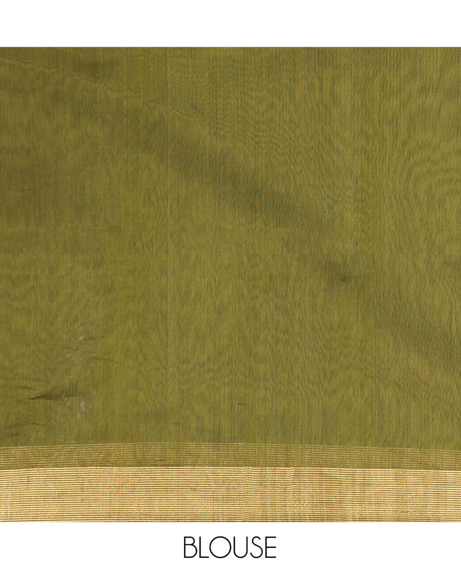 Green Maheshwari Cotton Saree, Beautifully Bedecked with Buttas All Over Its Body, Highlighted by a Zari Traditional Design Border, Pallu Gleamed Up with Zari Stripes, and Paired with a Matching Blouse