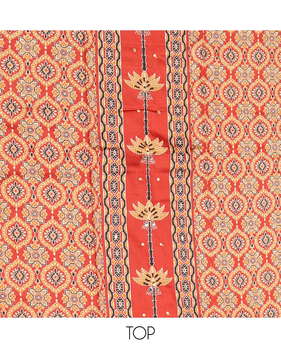 Orange Material Chudidar Set, Artfully Detailed with Ajrakh Printed Cotton Top, Complemented by Printed Cotton Bottom, and Paired with Floral Printed Cotton Dupatta