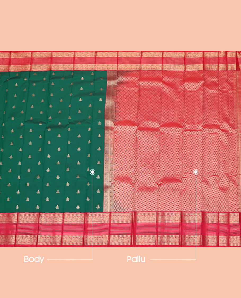 Green Budget Silk Saree, Highlighted by Zari Buttas, Complemented by a Contrast Traditional Border, Jaal Pallu, and a Contrast Blouse