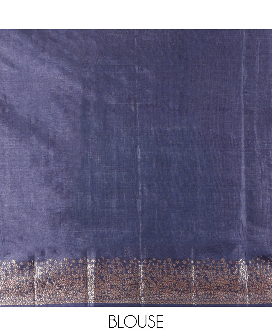 Navy Blue Tusser Silk Saree, Elevated with Zari Buttas, a Zari Border, Grand Pallu, and a Matching Blouse