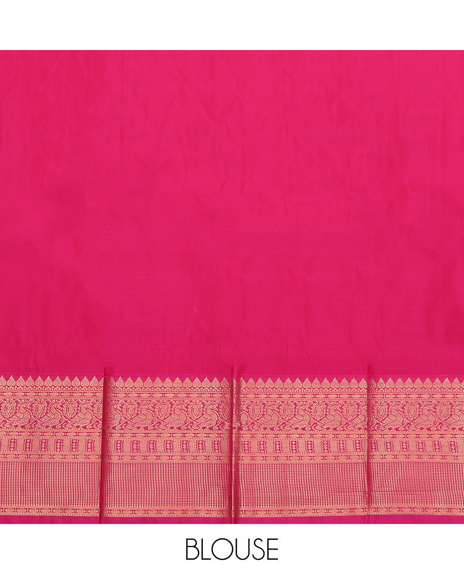 Green Budget Silk Saree Showcasing Zari Buttas, a Contrast Traditional Zari Border, Grand Pallu, and a Contrast Blouse