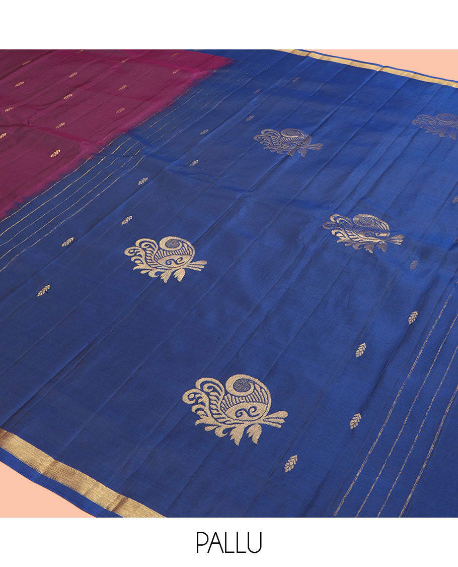 Wine Kanchipuram Silk Saree, Elevated with Zari Buttas, Complemented by a Contrast Zari Border, Pallu of Zari Design, and a Contrast Blouse