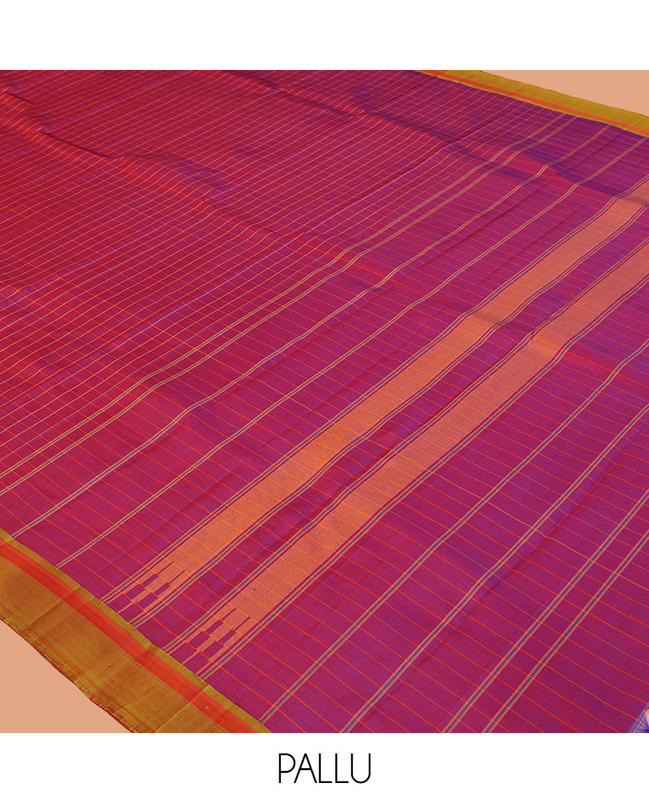 Purple Checked Kanchipuram Silk Saree, Complemented by a Contrast Border, Thazampoo Rekku Pallu, and Matching Blouse