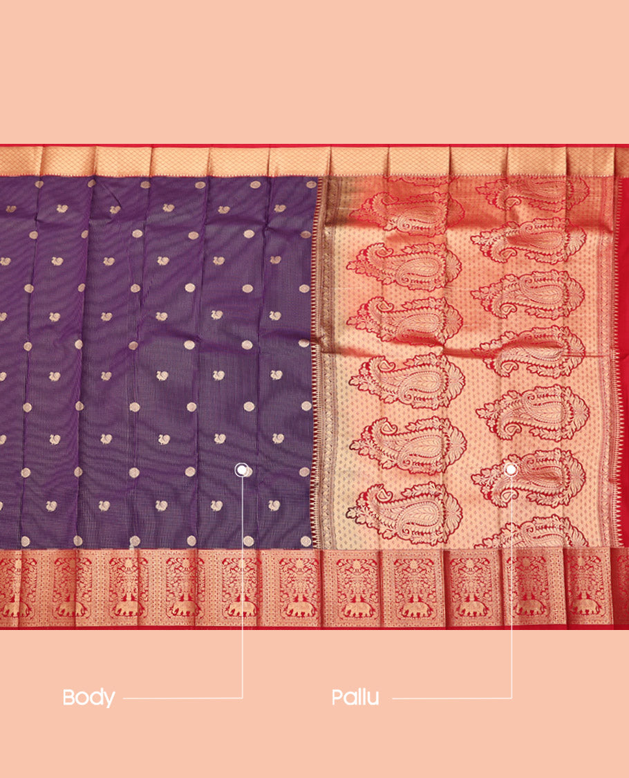 Violet Budget Silk Saree, Ornamented with Peacock-Chakram Buttas and Stripes, Complemented by a Contrast Traditional Zari Border, Grand Pallu, and a Contrast Blouse