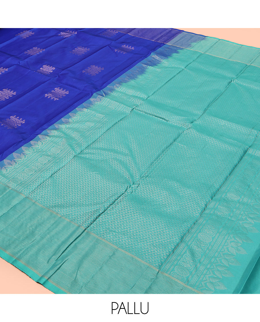 Blue Kanchipuram Silk Saree, Artfully Detailed with Neli Kolam Buttas, Highlighted by Vaira Oosi Striped Border, Contrast Geometric Pallu, and a Contrast Blouse