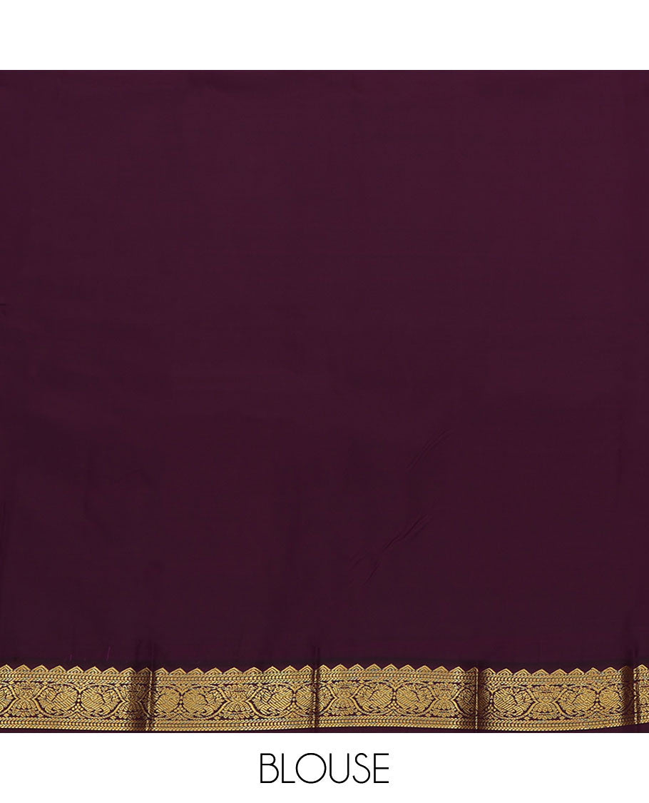 Red Budget Silk Saree, Prettified with Zari Buttas All Over Its Body, Complemented by a Contrast Traditional Zari Design Border of Peacocks, Pallu Features Geometric Designs, and Paired with a Contrast Blouse