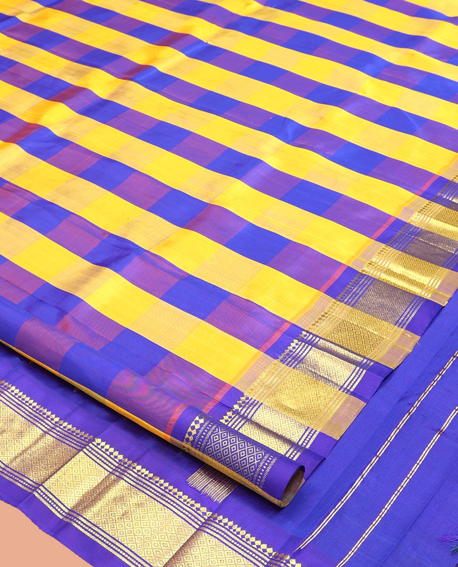 Multi-Color Checked Kanchipuram Silk Saree, a One-Sided Zari Border of Paneer Sombu, Banaras, Muthu, and Mayil Kann Designs, Zari Design Pallu, and No Blouse