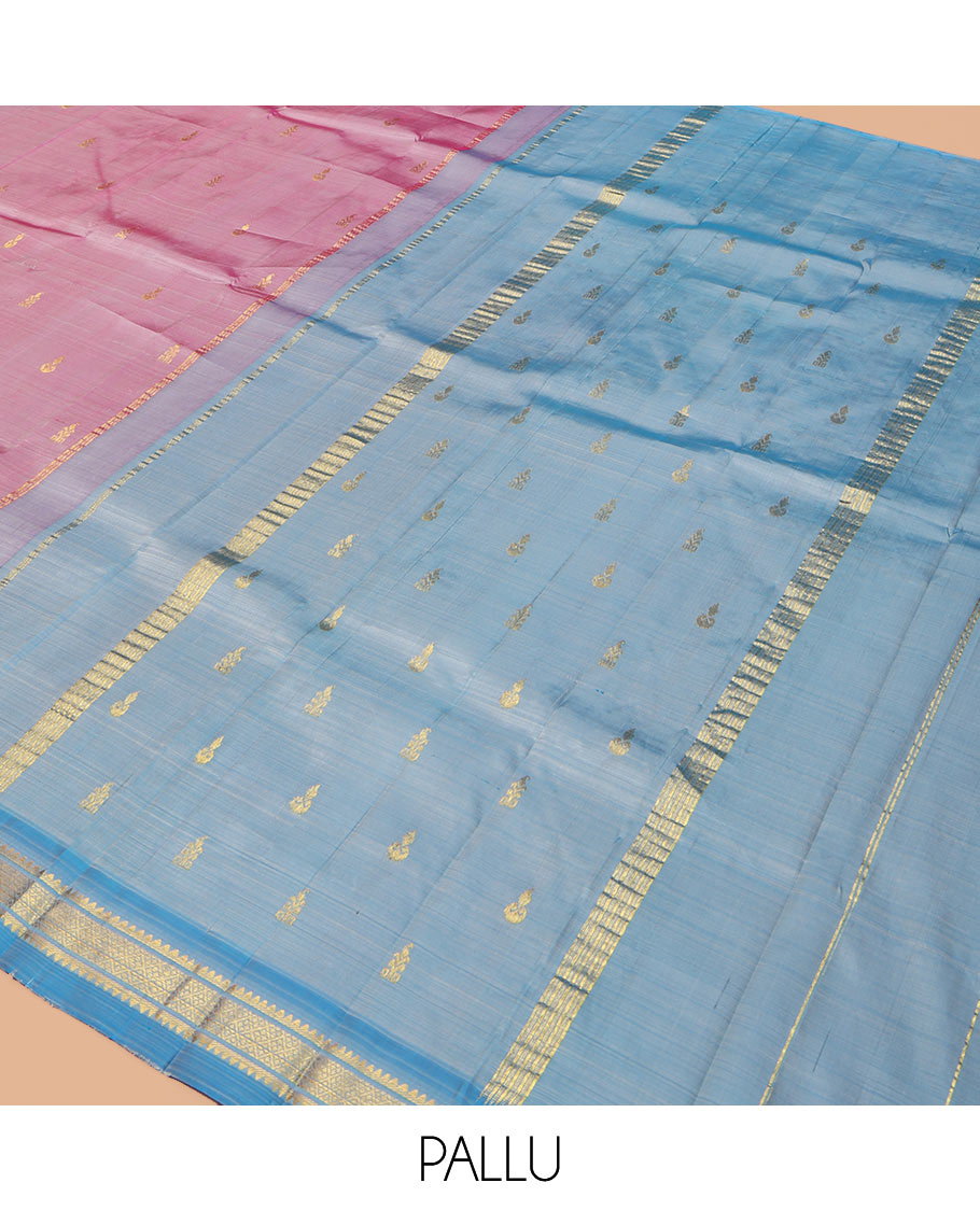 Pink Kanchipuram Silk Saree, Sparsely Woven with Zari Buttas, a Contrast One-Sided Border of Rekku and Jaal Designs, Zari Design Pallu, and a No Blouse