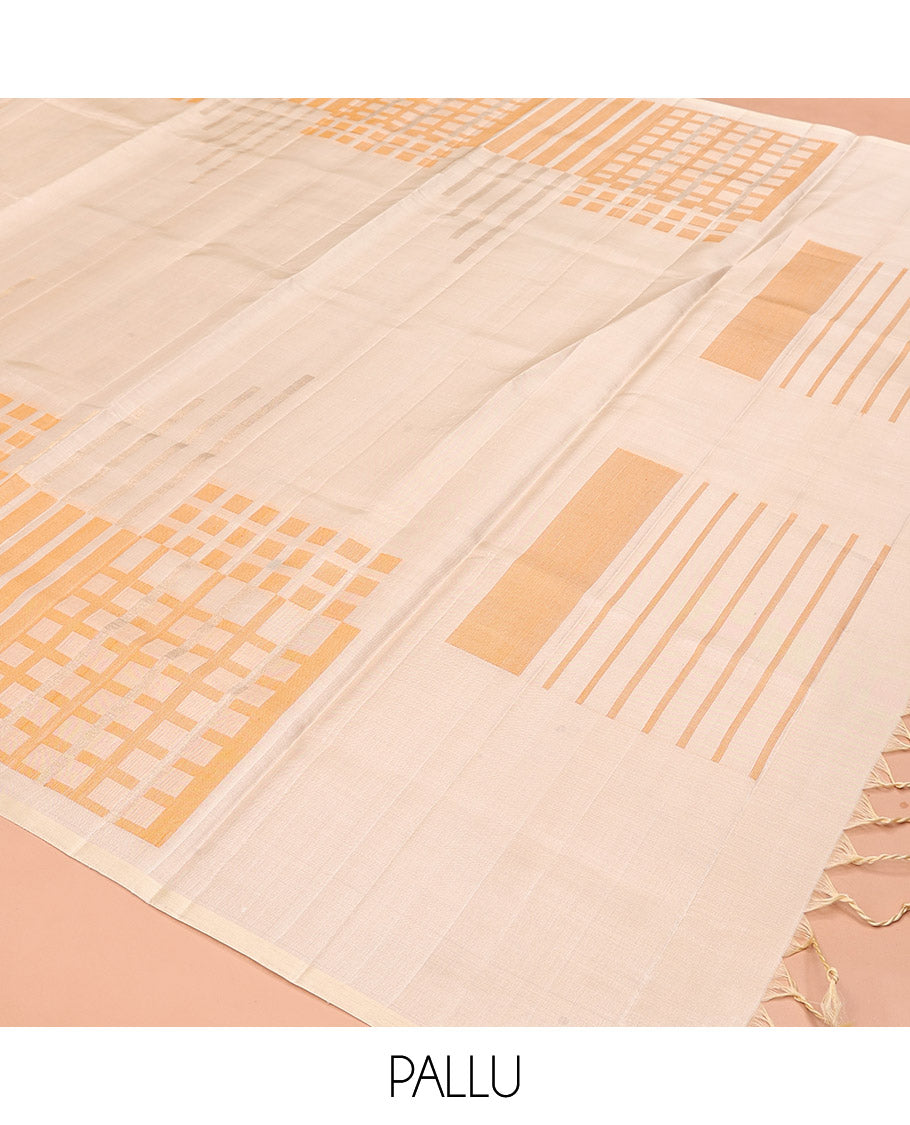 Borderless Cream Mayuri Soft Silk Saree, Boldly Accentuated with Checks On Its Body, Highlighted by Self-Pallu of Geometric Patterns, and Paired with a Matching Blouse