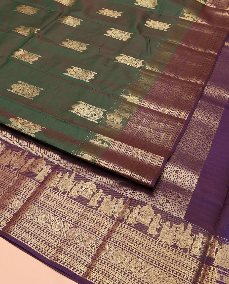 Green Vasundhara Lite Silk Mix Saree, Prettified with Zari Buttas on Its Body, Complemented by a Contrast Wedding-Themed Motifs Woven Border of Geometric Designs, Opulently Embellished Pallu, and Paired with a Contrast Blouse