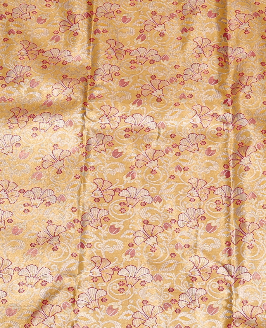Sandal Art Silk Material Half Saree, Majestically Detailed with Jacquard Skirt, a Contrast Floral Vine Zari Border, Contrast Blouse, and an Intricate Dhavani