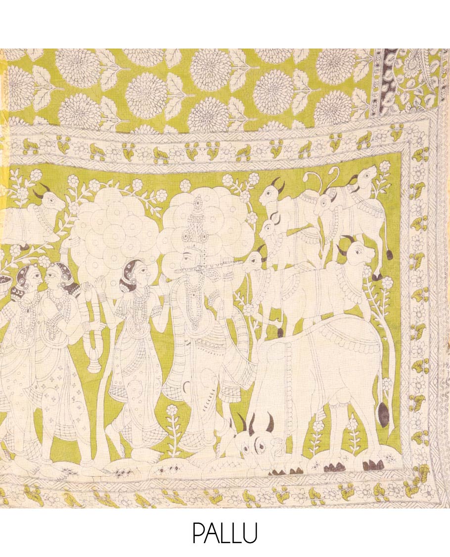 Green Machine-Printed Kalamkari Cotton Saree Features Floral Motifs, a Piping Border, Pallu of Lord Krishna Motifs, and a Matching Blouse