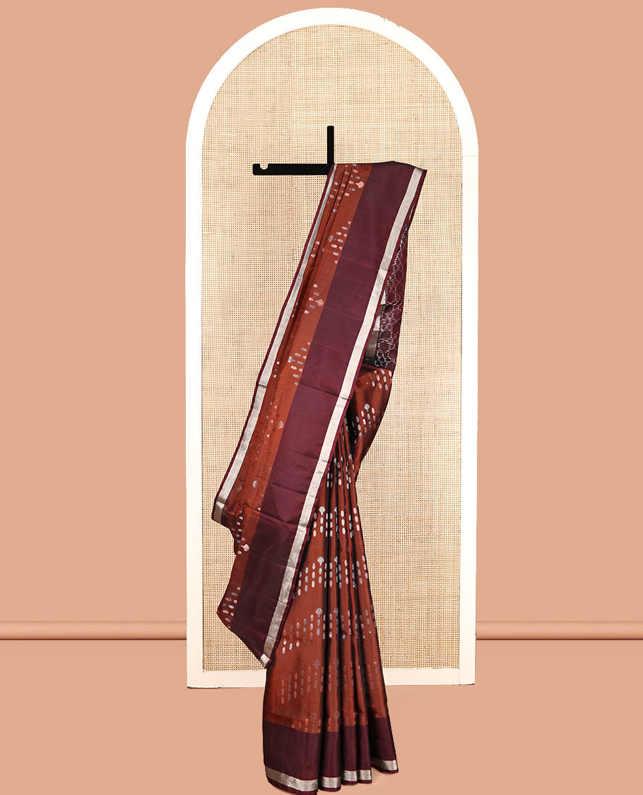 Rust Mayuri Lite Silk Mix Saree, Subtly Sparkled with Zari Buttas, Contrast Border, Pallu of Geometric Designs, and a Contrast Blouse
