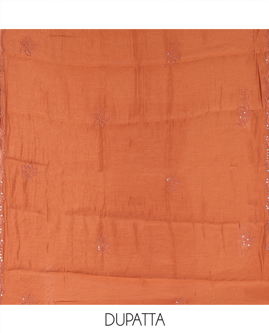Rust Mul Chanderi Material Chudidar Set, Floral Embroidered Top, Plain Santoon Bottom, and Scallop Embroidered Dupatta
