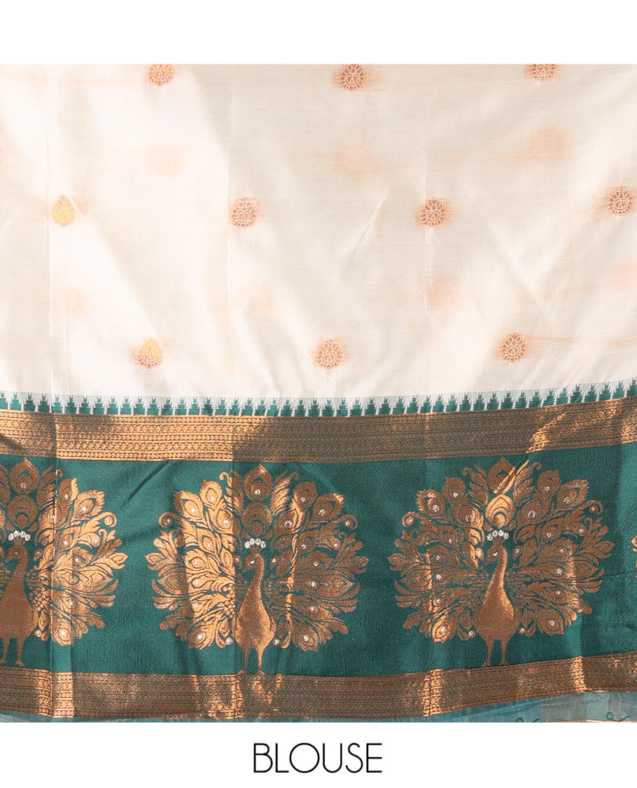 Cream-Green Semi-Silk Half-Saree