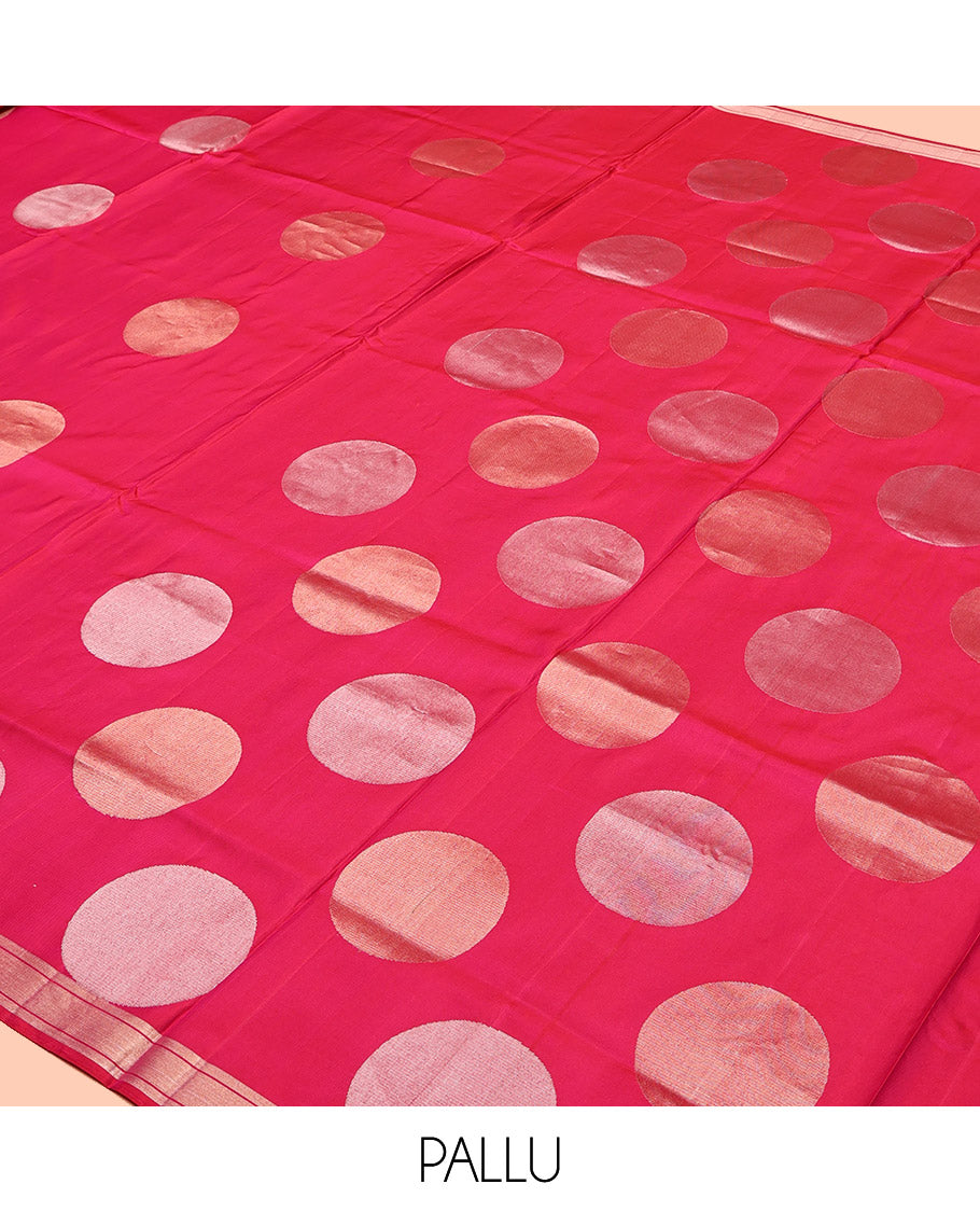 Pink Mayuri Soft Silk Saree, Beautified with Polka-Dot Buttas, a Piping Border, Pallu Steeped with Polka-Dot Designs, and a Matching Blouse