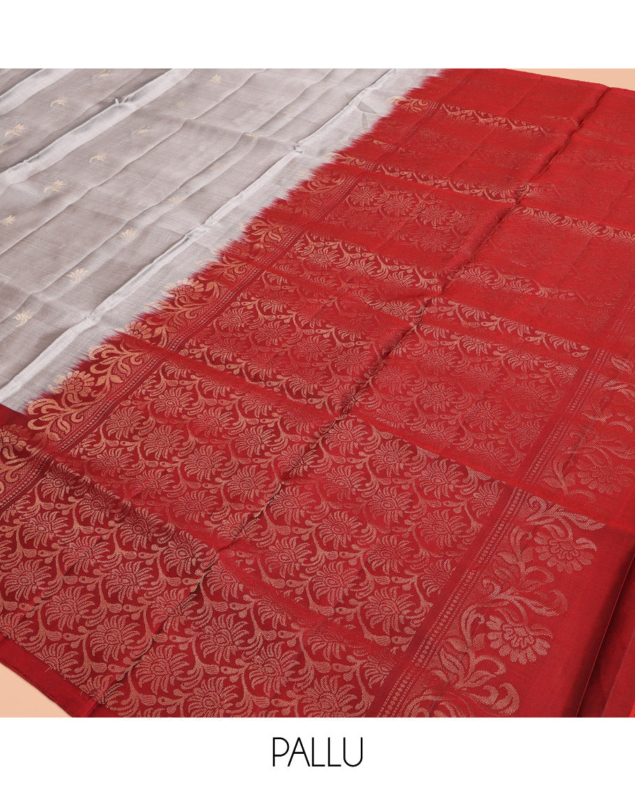 Grey Mayuri Lite Silk Mix Saree, Sparsely Threaded with Buttas, Complemented by Contrast Floral Design Border, Intricate Design Pallu, and Contrast Blouse