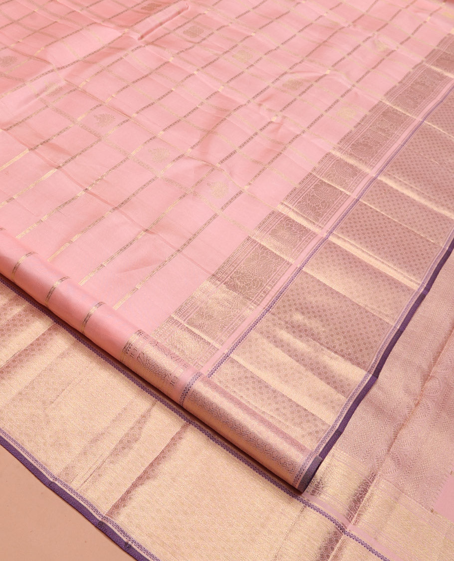 Pink Kanchipuram Silk Saree, Gracefully Embellished with Zari Butta Enclosed Checks, Traditional Zari Design Border, Grand Pallu, and Contrast Blouse