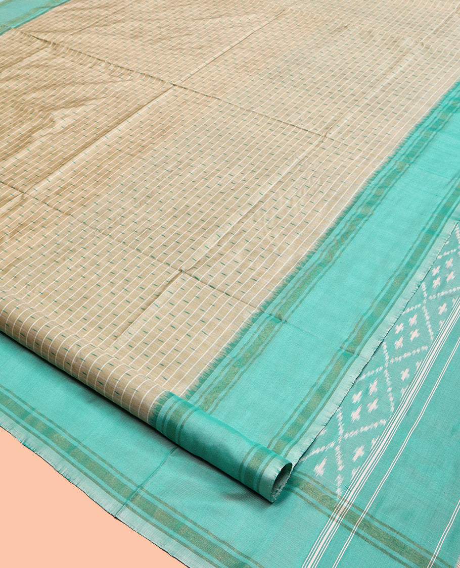 Beige Pochampally Ikat Saree, Ornamented with Buttas and Stripes, a Contrast Border, Ikat-Style Jaal Pallu, and a Contrast Blouse