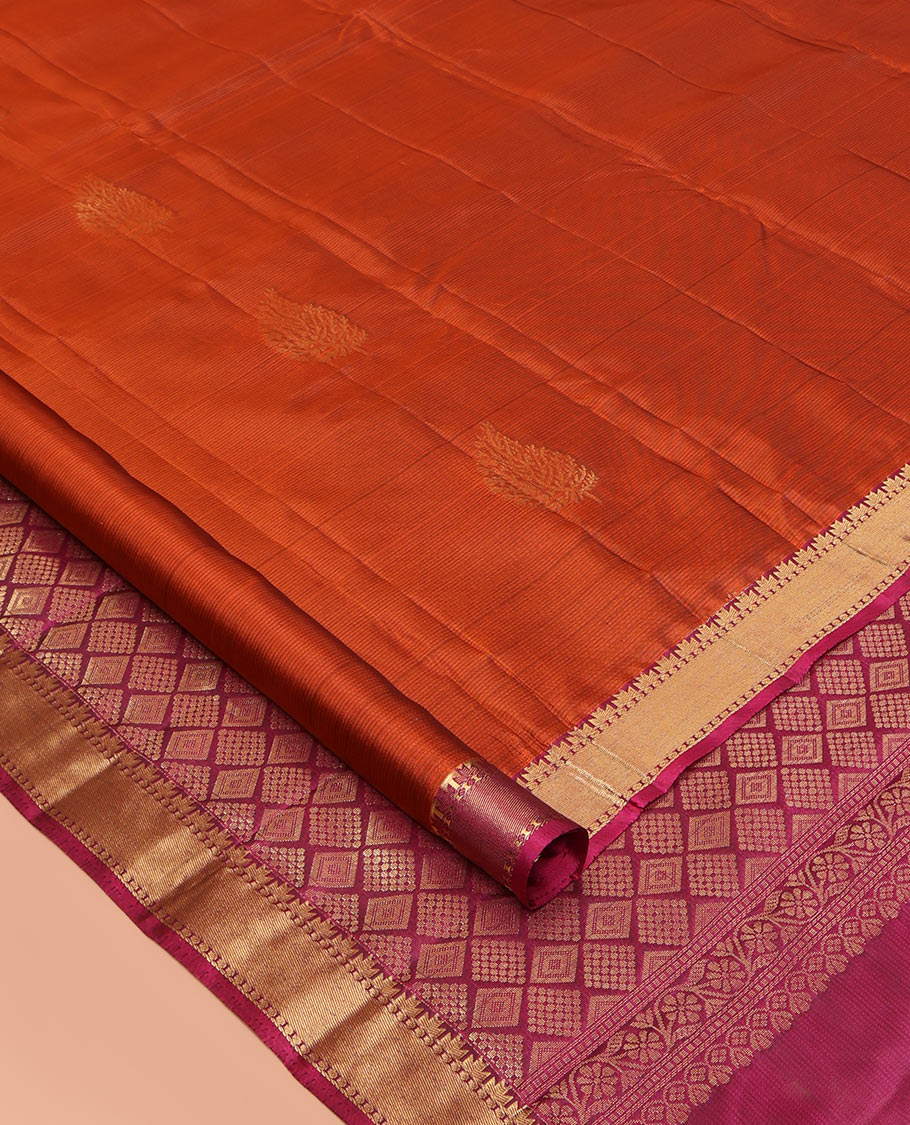 Orange Zari Buttas Vasundhara Lite Silk Mix Saree, a Contrast Thazampoo Rekku Border, Contrast Blouse