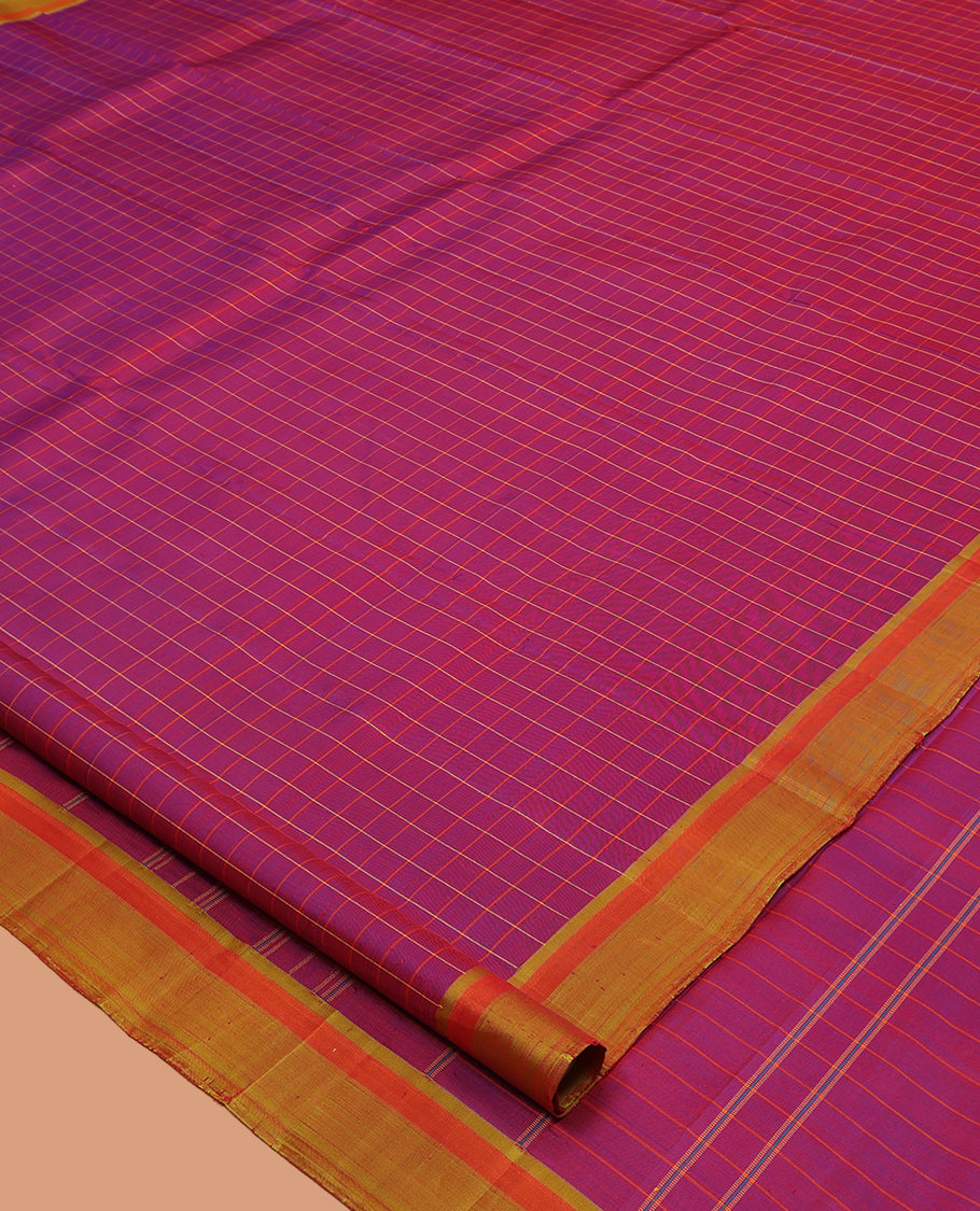 Purple Checked Kanchipuram Silk Saree, Complemented by a Contrast Border, Thazampoo Rekku Pallu, and Matching Blouse