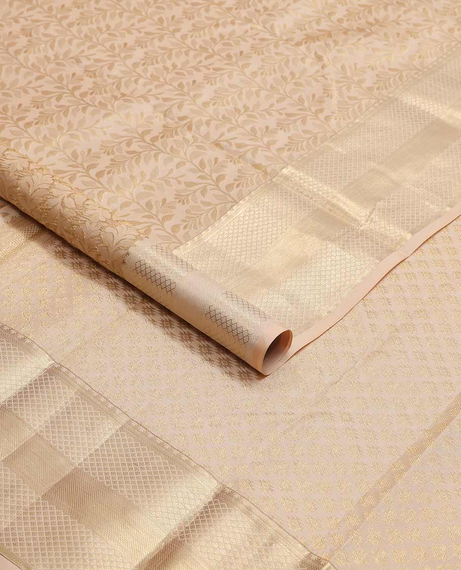 Cream floral vine design kancheepuram silk saree with self border of banaras, checked design border & floral design pallu