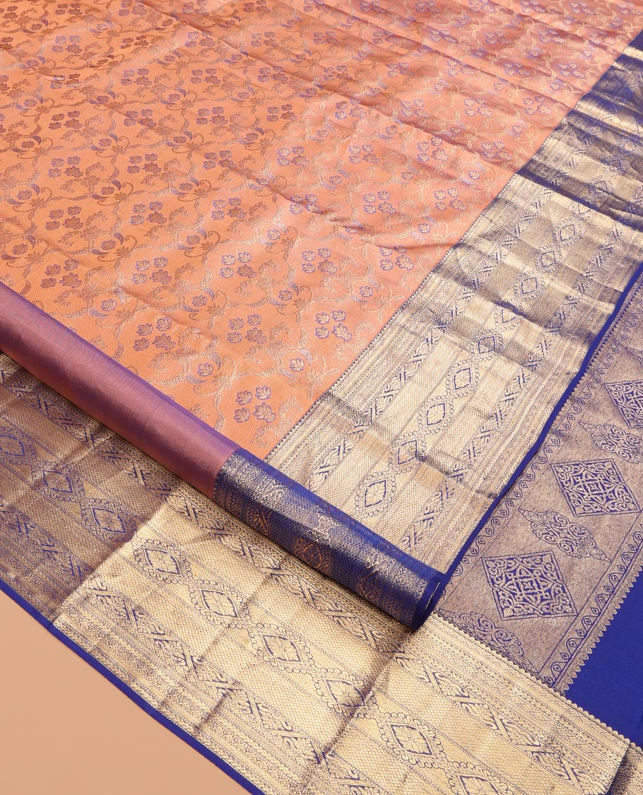 Peach Kanchipuram Wedding Silk Saree, Gracefully Embellished with Jacquard Design, a Contrast Border of Traditional Designs, Grand Pallu, and a Contrast Blouse
