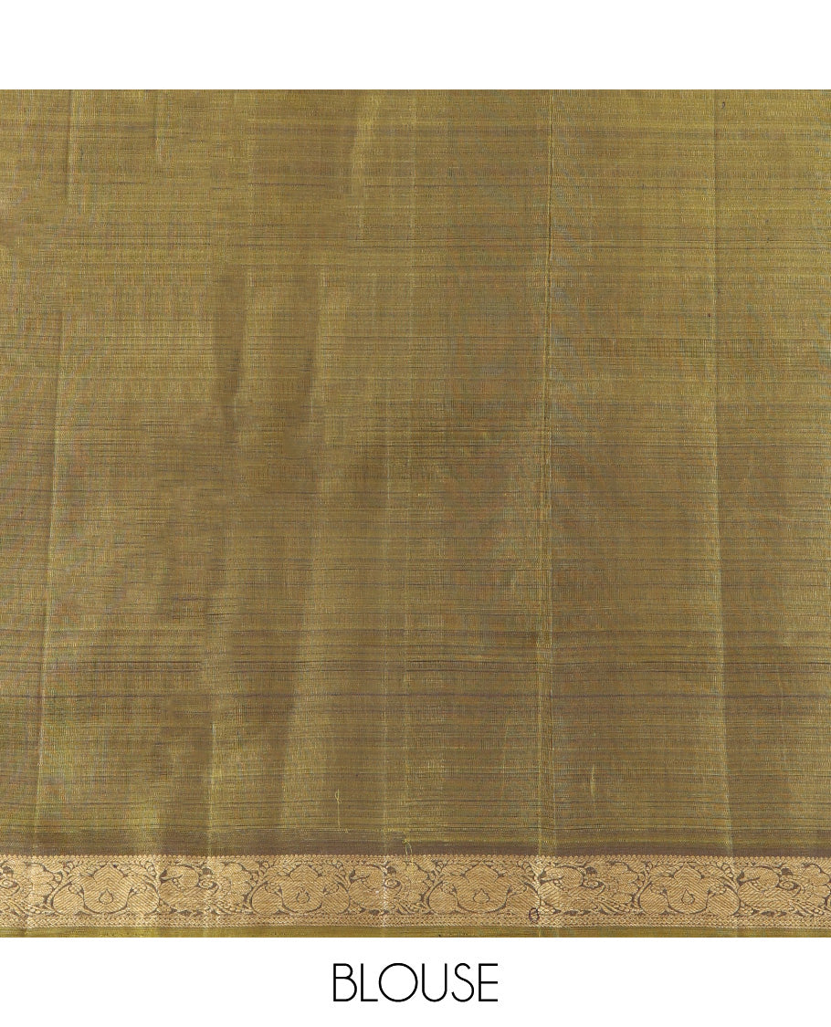 Brown Kanchipuram Silk Saree, Decked Up with Zari Buttas All Over Its Body, Complemented by Contrast Border of Manga and Mayil Designs, Grand Pallu, and Paired with a Contrast Blouse