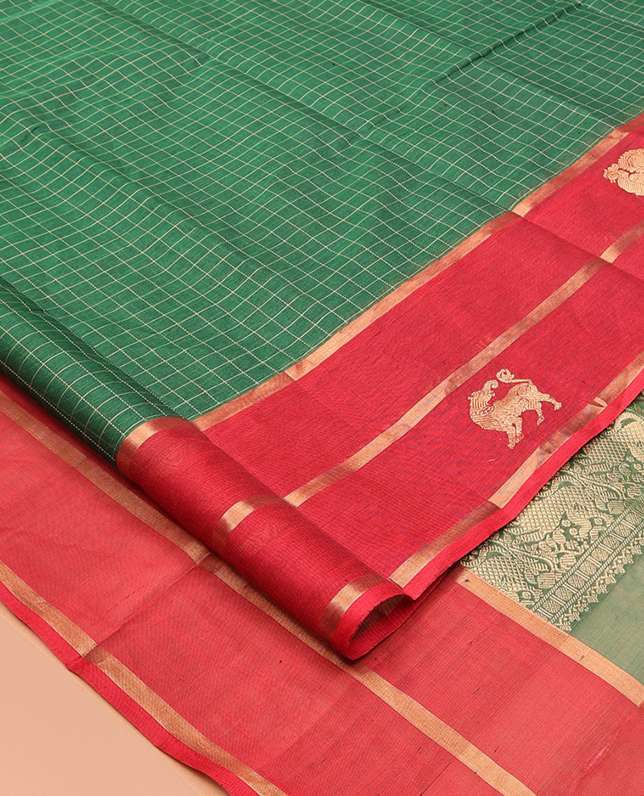 Green Checked Kuppadam Silk Saree, a Contrast Traditional Zari Border, Grand Pallu, a Matching Blouse